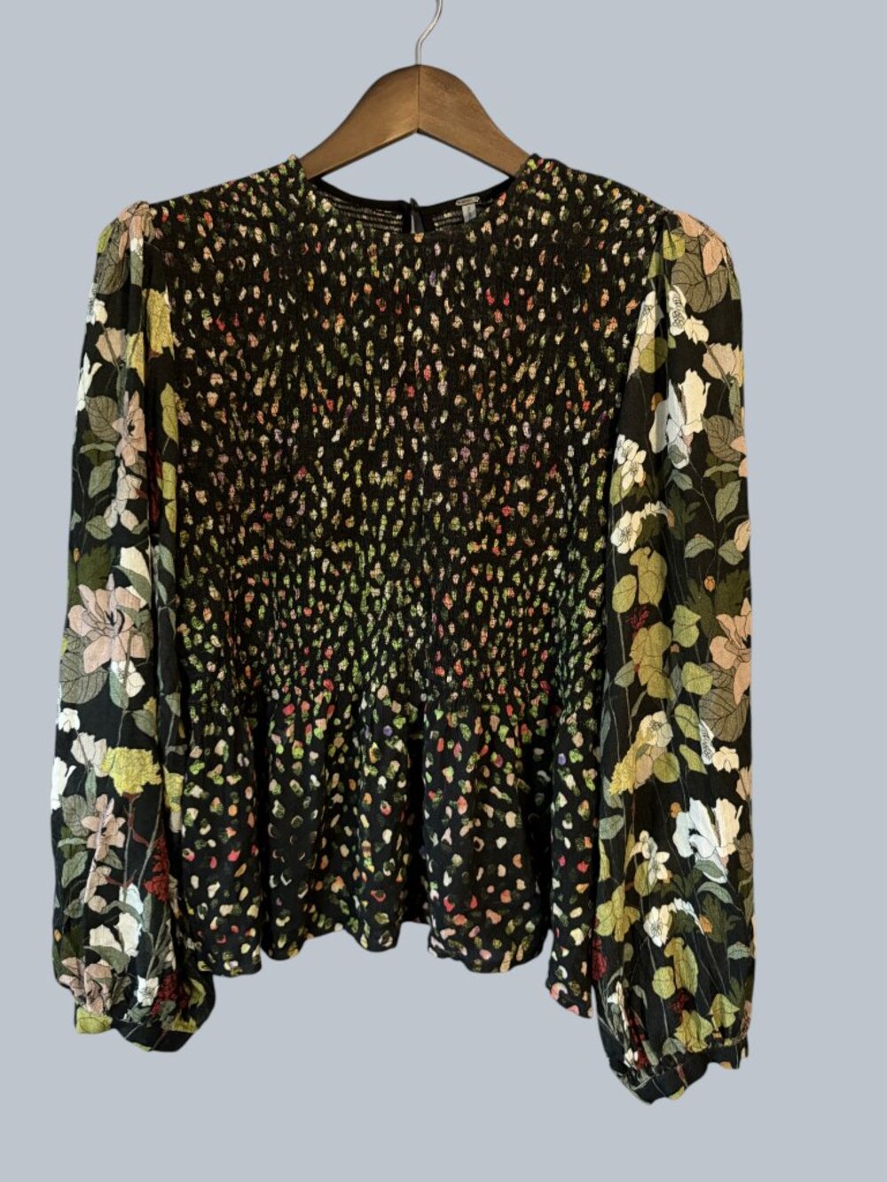 Blank London Bl^nk Smocked Peplum Blouse Black Ditsy Floral XL
